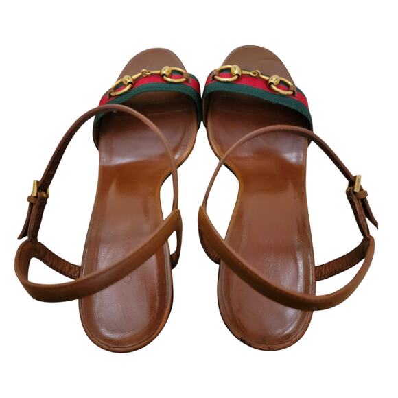 Gucci Vintage Horsebit Web Stripe Brown Leather Sandals Block Heels 9.5 39.5 - Picture 5 of 12